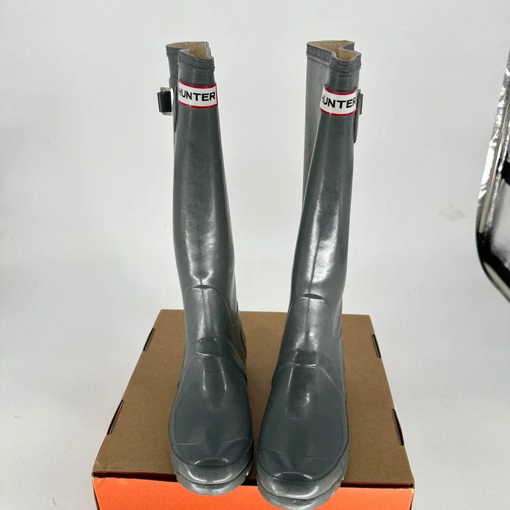 Hunter Tall Glossy Gray Side Buckles‎ Rain Boots Waterproof Women's 37 USA 6